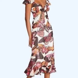 NWT Betsey Johnson Womens Pink Pepper Butterfly Print Chiffon Midi Dress Size M